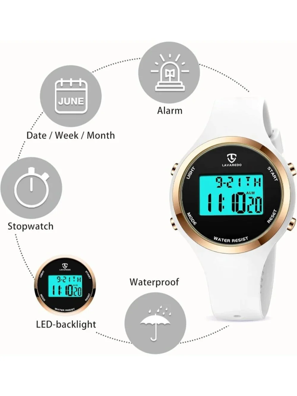 Women's White Quartz Chronograph Waterproof Outdoor Sport Alarm Digital Watch